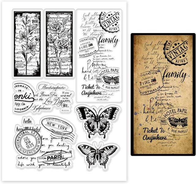 Transparente Silikonstempel Set mit Vintage-Blumenrahmen, Schmetterlingen und Rosen für kreative Gestaltungen - Bild 1