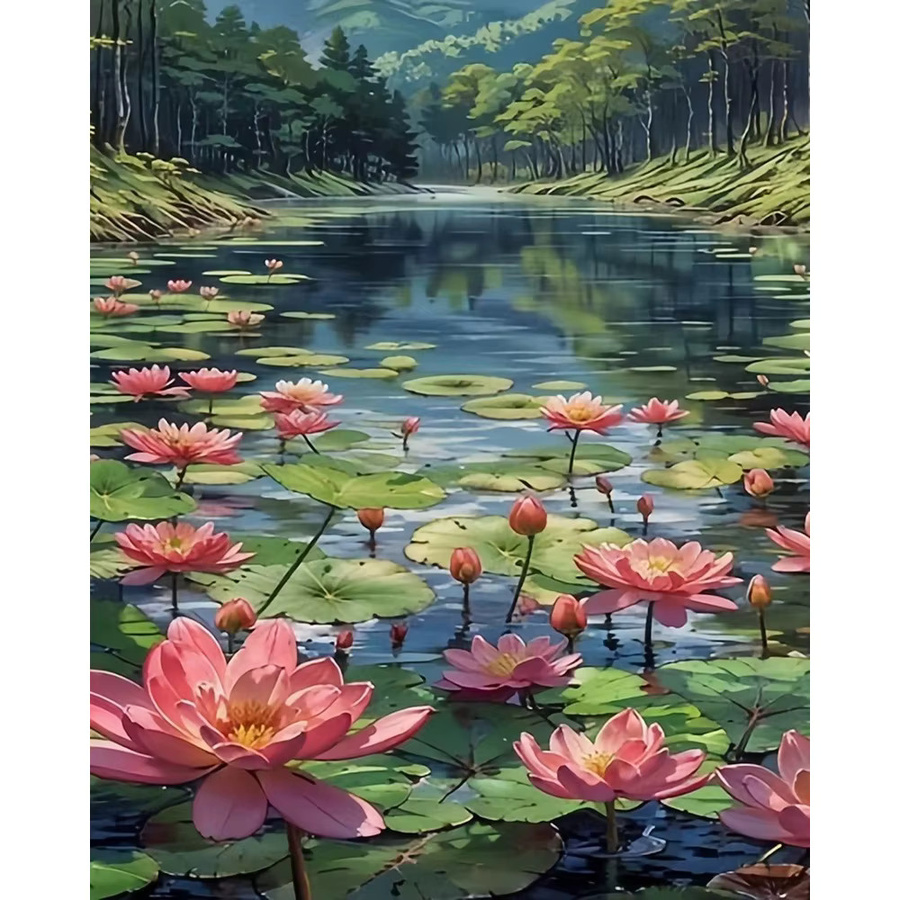 Huacan Malen nach Zahlen Lotus, DIY Ölgemälde, Seelandschaft, Blumenlandschaft - Bild 5