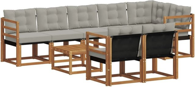 vidaXL Outdoor-Sofagarnitur 9-teilig aus Akazienholz und Textilene in Natur und Grau mit Kissen - Bild 1