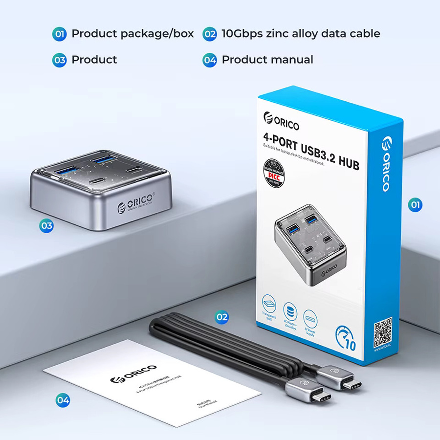 ORICO USB 3.2 Hub Multi 4 Port Docking Station mit USB-A und USB-C Slots, 10 Gbit/s, Silber - Bild 4