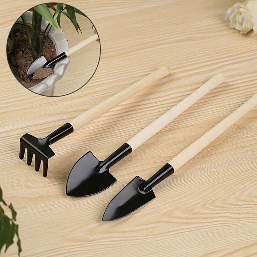 LEENKEA 3-teiliges Mini-Gartengeräte-Set mit Holzgriff und Metallkopf in Braun und Schwarz - Bild 2