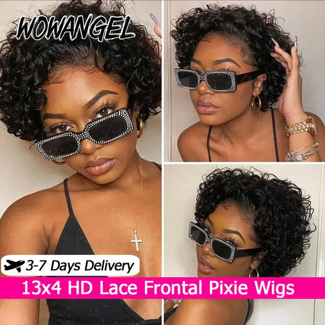 Wow Angel Pixie-Schnitt-Perücke, lockig, Echthaar, 13 x 4 HD-Spitzenfront - Bild 1