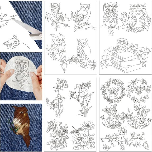 4 Blatt wasserlösliches Stickpapier mit Eulenmuster, klebriges und waschbares Stabilisator-Stickmuster in Weiß - Bild 1