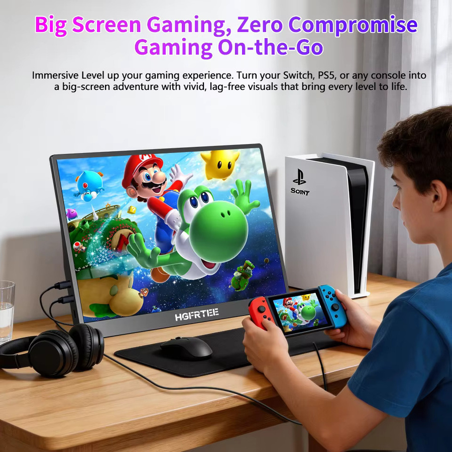 HGFRTET 16 Zoll Tragbarer Monitor FHD 1200P IPS mit 100 % sRGB, 300 cd/m², Adaptive Sync, USB-C und HDMI, Schwarz - Bild 6
