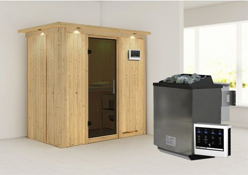 Karibu Sauna Pärnu Bio-Kombi-Sauna aus Fichtenholz mit 9 kW Bio-Kombi-Saunaofen und externer Steuerung für 2 Personen, beige, B/T/H: 202 x 132 x 210 cm - Bild 1