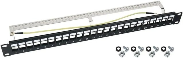 HMF STP Keystone-Patchpanel für 19 Zoll Serverschrank, 24 Ports RJ45 Geschirmt, Schwarz, 1 HE - Bild 1