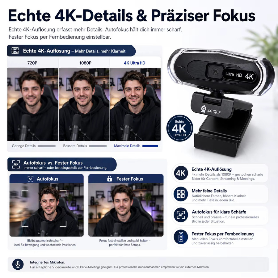 EXHQDR 4K UHD Webcam mit Autofokus, zwei Mikrofonen, RGB-Beleuchtung und Sichtschutzabdeckung in Schwarz - Bild 3