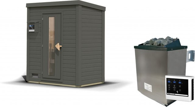 Saunahaus HYTTI 0 in Terragrau mit 9.0 kW Ofen und Steuergerät, B/T: 196 x 113 cm, Wandstärke 38 mm - Bild 1