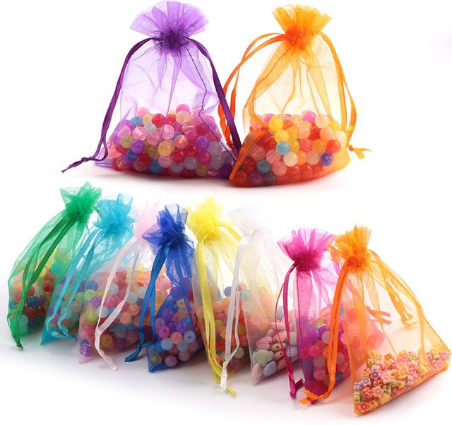 100er Set QIAO Organzabeutel für Geschenke und Schmuck, B: 7 cm, H: 5 cm, in verschiedenen Farben - Bild 1