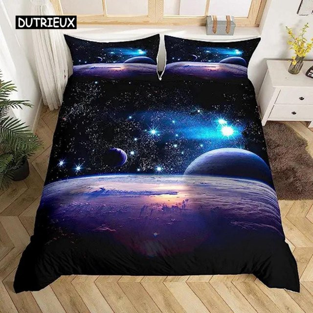 Binchi Outdoor Product Galaxy Bettbezug mit Kissenbezügen aus weicher Mikrofaser, Sternenhimmel Design, Blau-Violett, B/H: 264 x 228 cm - Bild 1