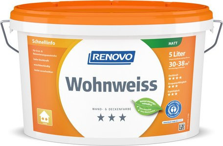 Renovo Wand- und Deckenfarbe Wohnweiss, stumpfmatt, Farbe: Weiß, 5 l - Bild 1