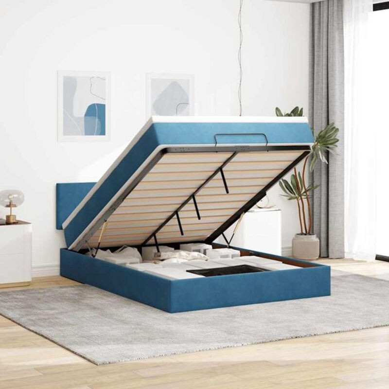 Vidaxl Ottoman Polsterbett mit Matratze und LED-Beleuchtung aus Samt in Dunkelblau, B/T: 140 x 190 cm - Bild 1