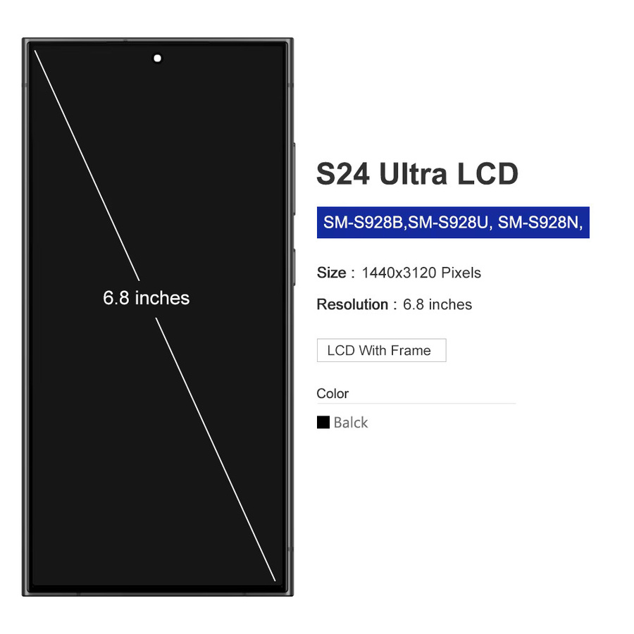 Sinmaytai LCD-Display Bildschirmbaugruppe mit Digitalem Touchscreen und Rahmenersatz für Samsung S24 Ultra, Farbe: Schwarz, Kompatibel mit SM-S928B SM-S928U S928 - Bild 2