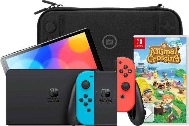 Nintendo Switch OLED Konsole Blau/Rot inklusive Animal Crossing New Horizons und Bluebuilt Travel Case - Bild 1