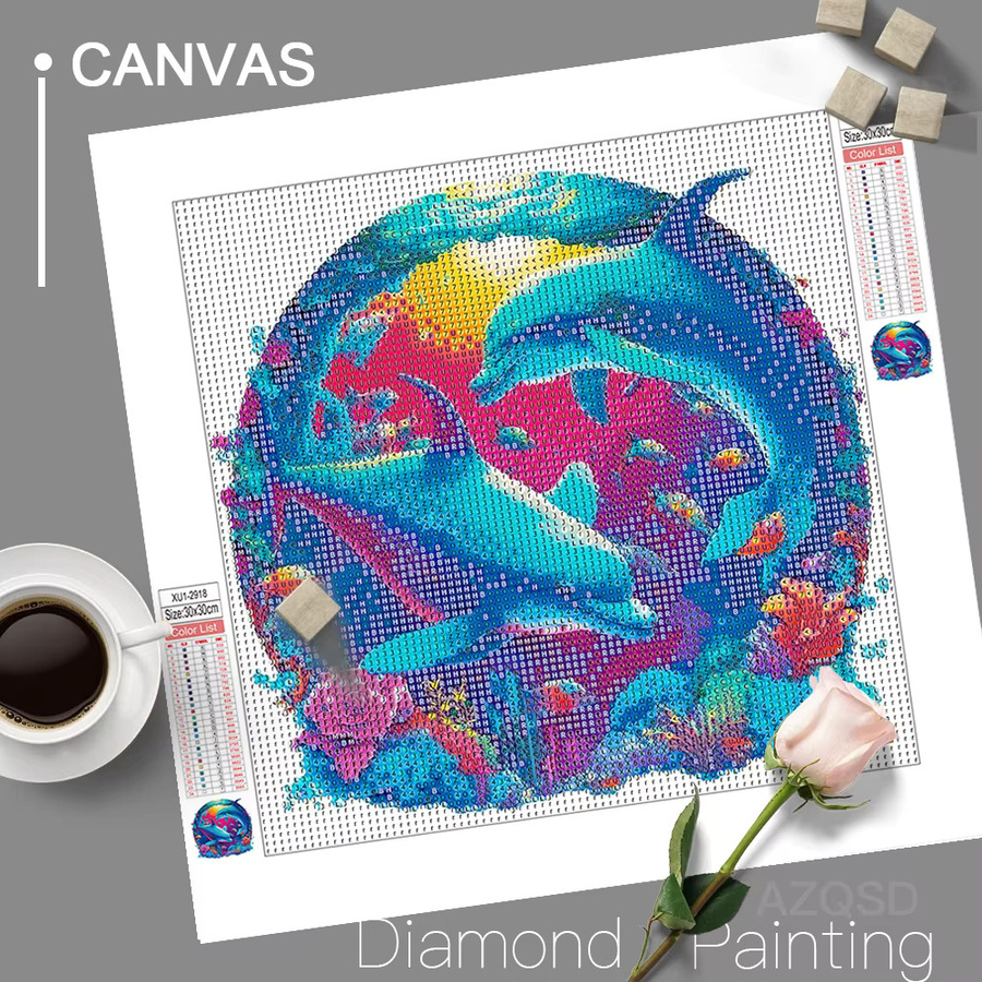 Azqsd Diamond Painting Set Delphin Motiv in Multicolour, 5D Mosaik Stickerei mit Strasssteinen auf Leinwand, B/H: 30 x 30 cm - Bild 2