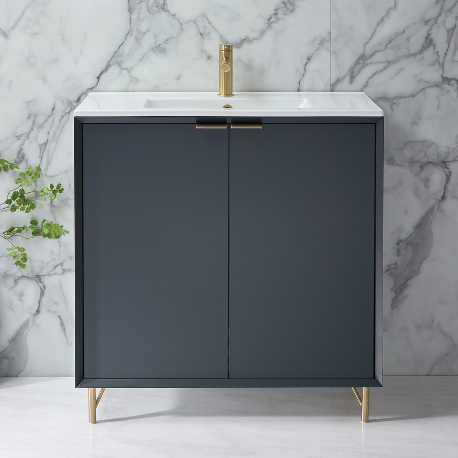 Waschtischunterschrank mit Waschbecken HudsonReed Edge in Anthrazit mit goldenen Fingergriffen, Breite: 81 cm - Bild 1