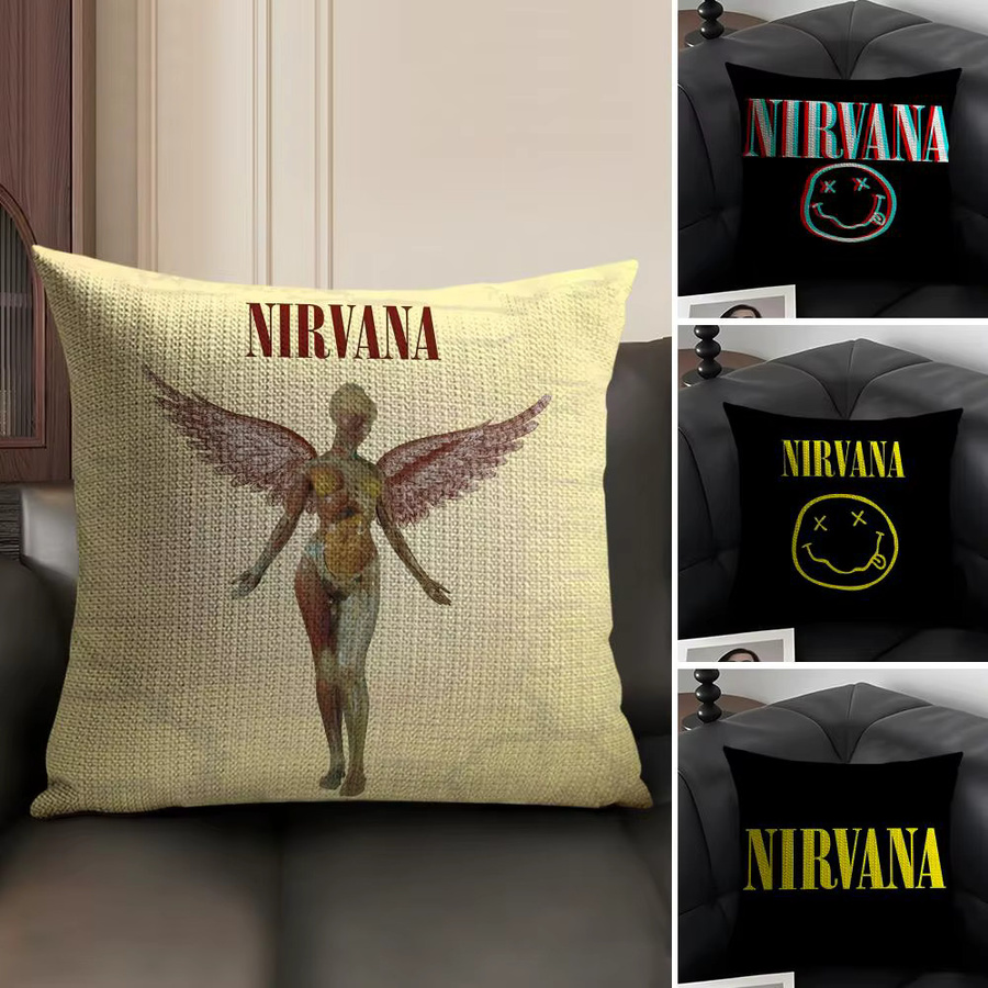 N-NirVana Band-Kissenbezug aus Bio-Leinen in Beige und Weiß mit doppelseitigem Grafikdruck - Bild 2