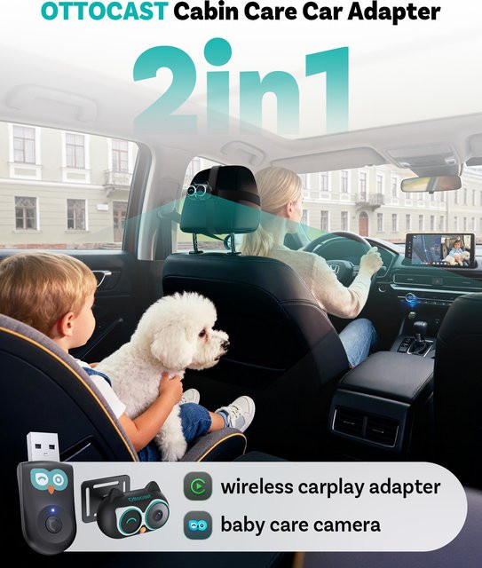 Ottocast Cabin Care Kabelloser CarPlay-Adapter mit 150 Grad Weitwinkel-Nachtsichtkamera für Autos mit kabelgebundenem CarPlay, Schwarz - Bild 1