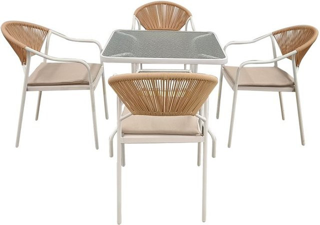 5-teiliges Dining Set HGS34-BEI von Happy Home aus hellem PE-Rattan mit Sitzkissen in Beige - Bild 1