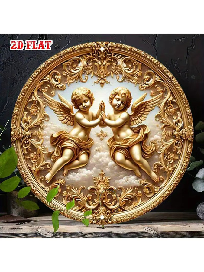 CIFBUY Vintage Engel-Wanddekoration aus Metall in Gold, rundes Aluminiumschild mit floralem Design, Durchmesser: 20 cm - Bild 6