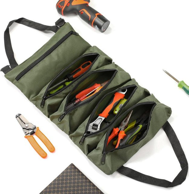 Mehrzweck-Roll-Up-Werkzeugtasche aus robustem Oxford-Canvas in Grün als faltbarer Multitool-Organizer für Elektriker und Tischler - Bild 1