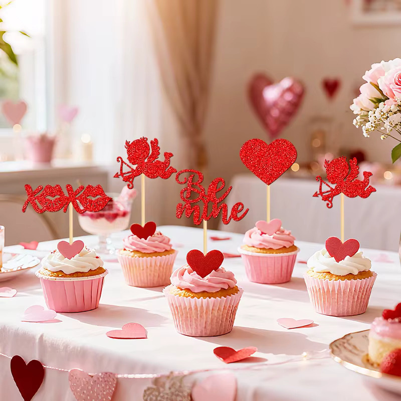 YOMDID 24 Stück Cupcake-Topper zum Valentinstag in Rot mit glitzernden Herz- und Lippen-Designs zur Kuchendekoration - Bild 2