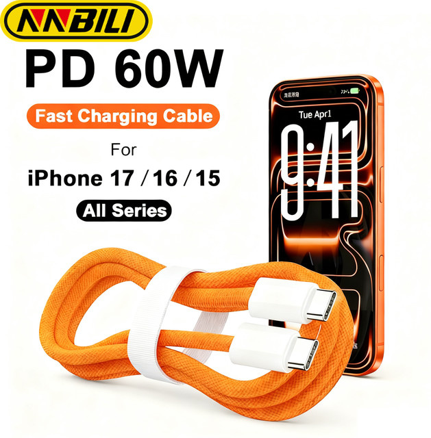 NNBILI USB-C auf USB-C Schnellladekabel 60 W, geflochtenes Stromkabel in Orange für iPhone 17 Pro Max, iPhone 16, iPhone 15 und iPad - Bild 1
