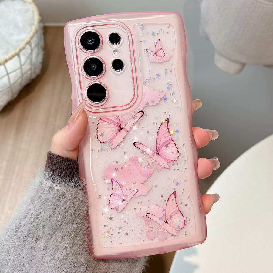 Glitzernde Handyhülle mit Sternenhimmel- und Schmetterlings-Design in Blau für Samsung Galaxy S22 S23 S24 S25 Ultra Plus FE mit unregelmäßigem gewelltem Rand und Anti-Drop-Schutz - Bild 1