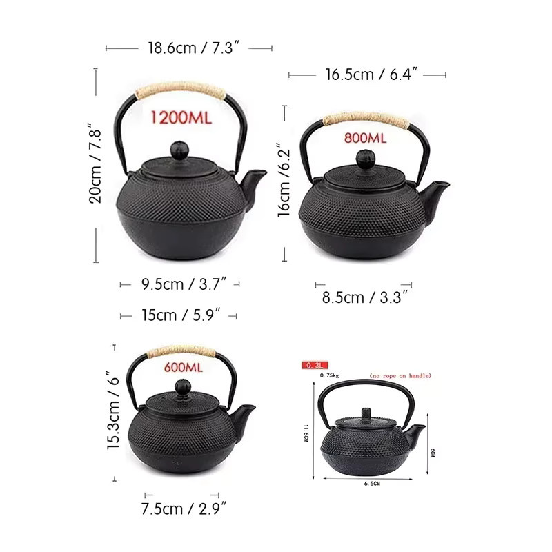 VINRITO Gusseisen Teekanne mit Tee-Infuser, Schwarz, 300 ml, 900 ml, 1200 ml - Bild 4