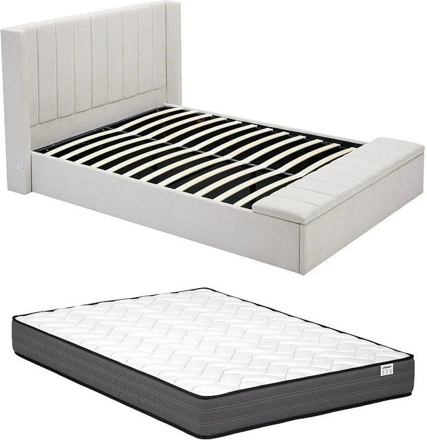Vente-unique Bett Douino mit Bettkasten und Polsterung in Beige, B/T/H: 140 x 190 cm - Bild 1