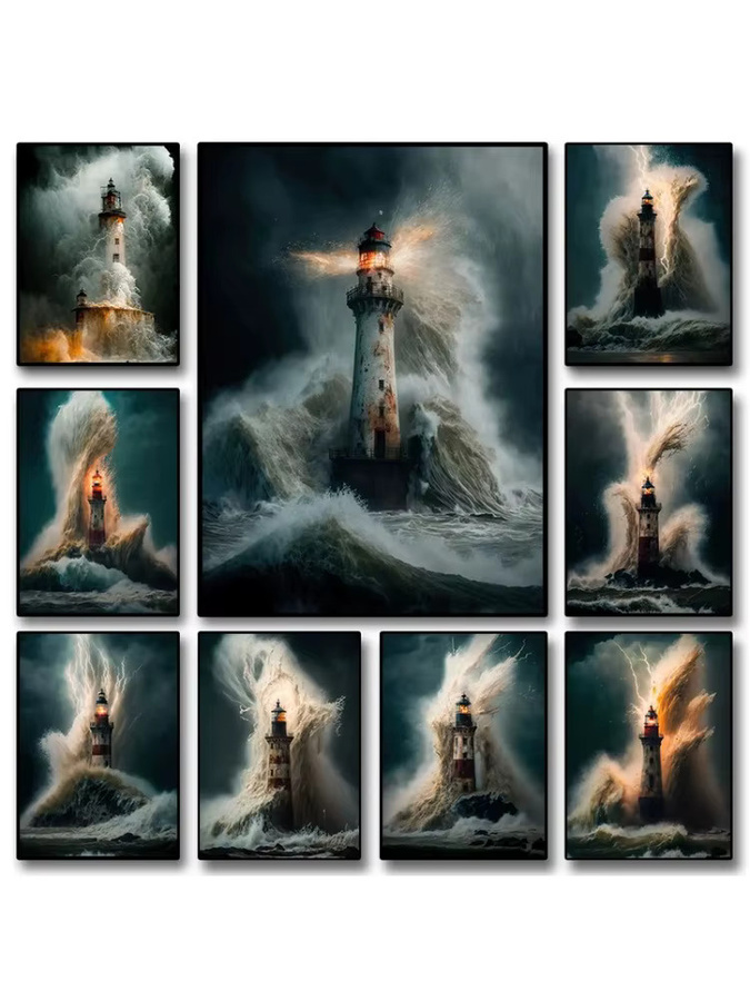 Potdemiel Leinwandgemälde Maritime Meereslandschaft mit Leuchtturm und Sturm in Mehrfarbig - Bild 7