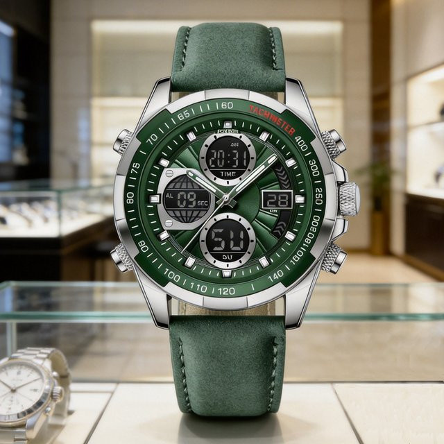 LIGE Armbanduhr Chronograph, Digitaluhr, Quarz, Leder, Herren - Bild 1