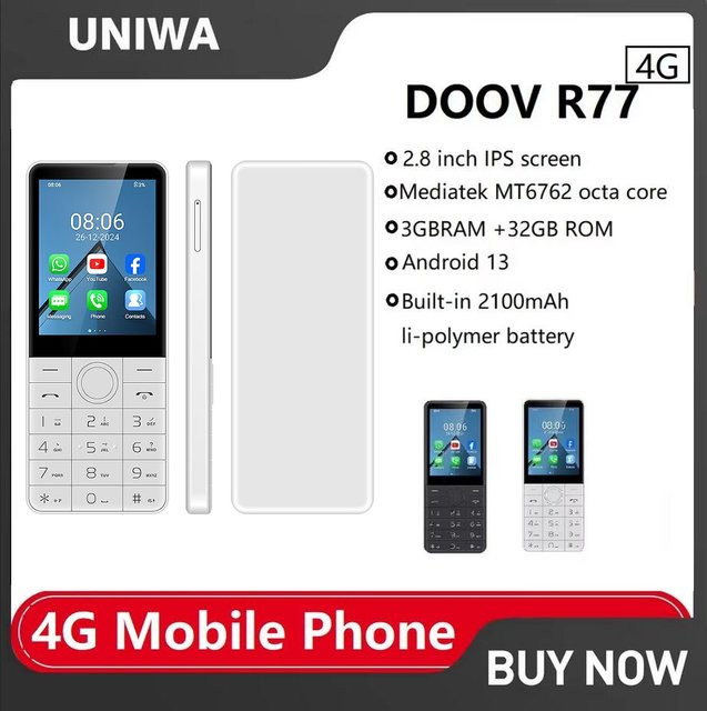 DOOV R77 4G Android 13 Smartphone mit Touch-Tastatur, 2,8 Zoll Display, 3GB RAM + 32GB Speicher, 2100mAh Akku, Volte, Grau oder Weiß - Bild 1