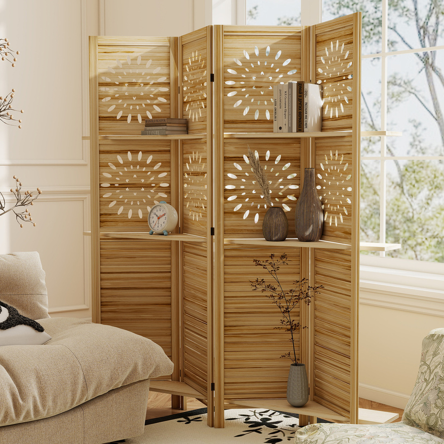 HOMCOM Paravent aus Paulownia-Holz mit 4 Paneelen und 3 Ablagen, faltbarer Raumteiler in Naturholz Braun, H: 170 cm, B: 160 cm - Bild 2