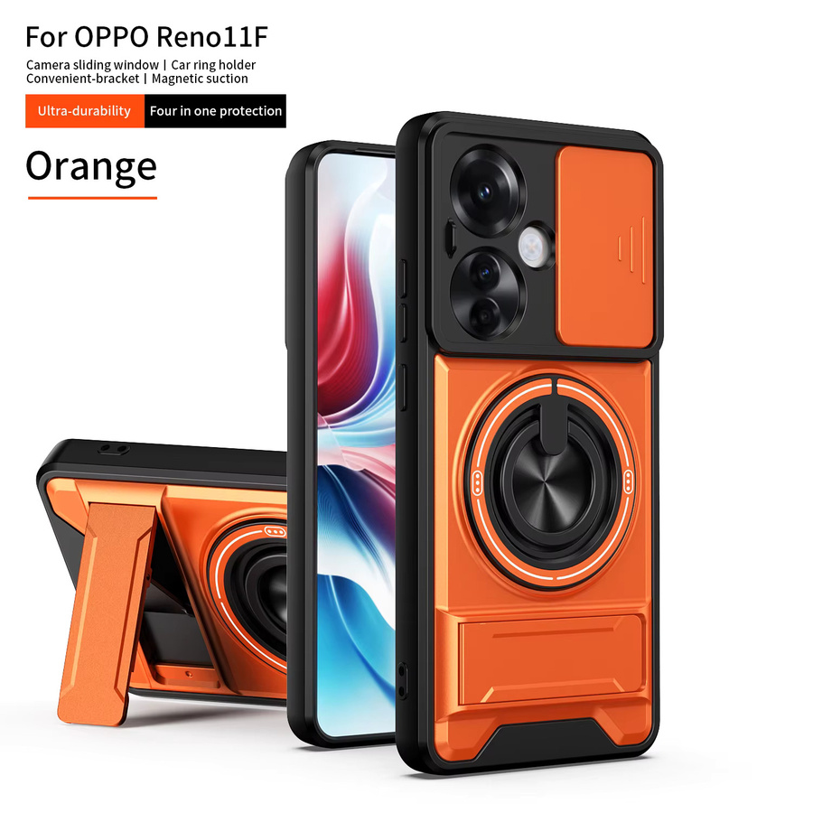 Armor stoßfeste Handyhülle für Oppo Reno11 F 5G mit verschiebbarer Kamerakappe, integriertem Magnetring und Ständer in Schwarz - Bild 2