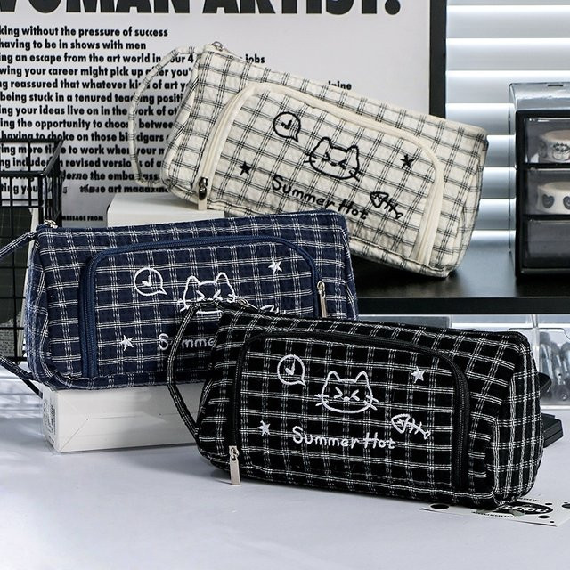Mewo Katze Federmäppchen mit Gittermuster und Kätzchen-Design, Textil-Stiftebeutel mit Reißverschluss in Blau oder Schwarz - Bild 1