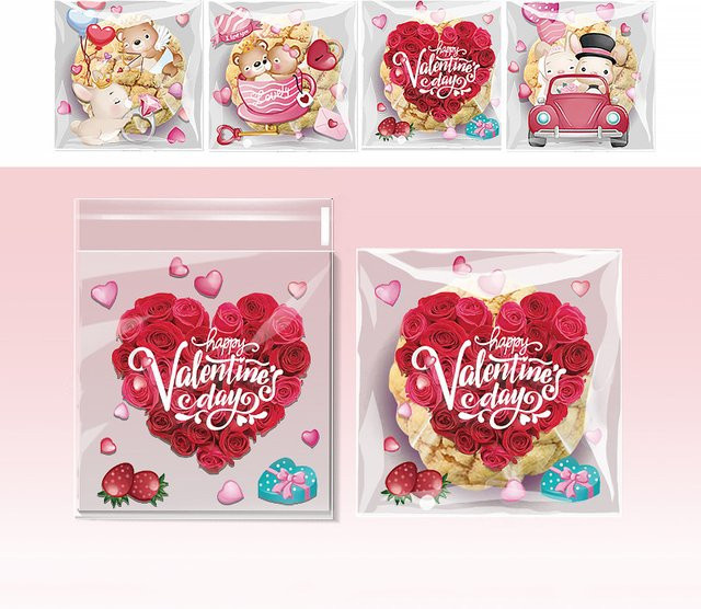 Set mit 50 oder 100 Papiertüten für Valentinstag mit Herz-Ballon- und Teddybär-Design zur Verpackung von Süßigkeiten und Lebensmitteln - Bild 1