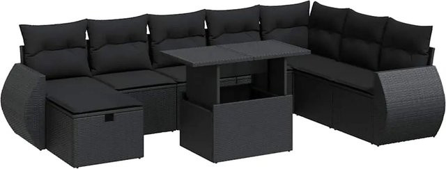 vidaXL 9-tlg. Garten-Sofagarnitur in L-Form aus schwarzem Poly-Rattan mit Kissen und pulverbeschichtetem Stahlgestell - Bild 1