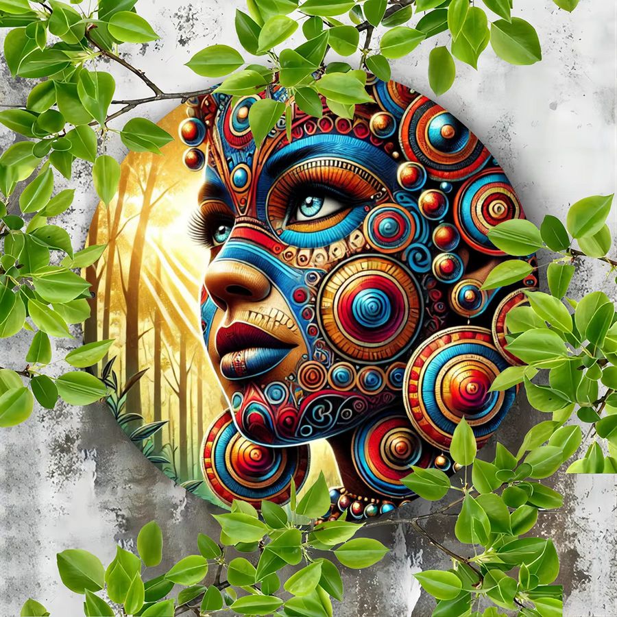 Potdemiel Metallschild Tribal Face Paint Art Design als runde Wanddekoration, Durchmesser: 20,3 cm, Multicolor - Bild 2