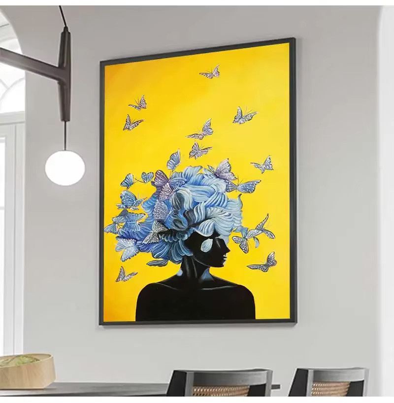 Potdemiel Abstrakte Leinwand Wanddekoration Modernes Mädchen mit Schmetterling in Gelb und Blau - Bild 2