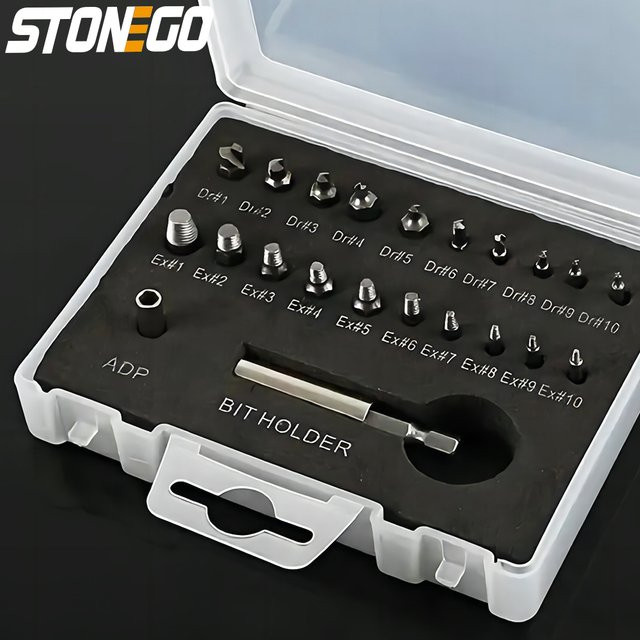 Stonego 22-teiliges Schraubenabzieher-Set aus Edelstahl mit HSS-Bohrern und Bit-Halter in Silber - Bild 1