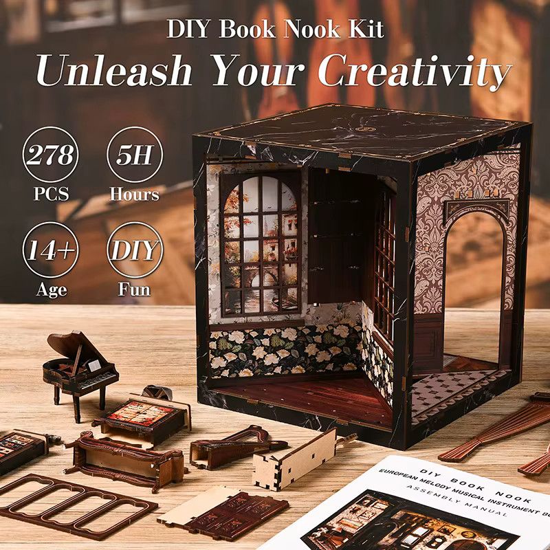 ELEVEN-CUTE DIY Holz Buch Nook Regal Einsatz Kit Europäische Melodie Box Miniatur Modell Kit als Geschenk - Bild 2