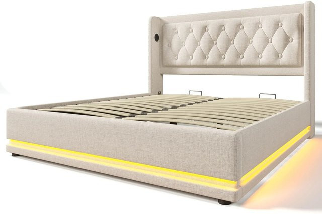 okwish Polsterbett Beige mit hydraulischem Stauraum, USB Type-C Ladefunktion und 3-seitiger LED-Beleuchtung, B/T/H: 140 x 200 x 101 cm - Bild 1