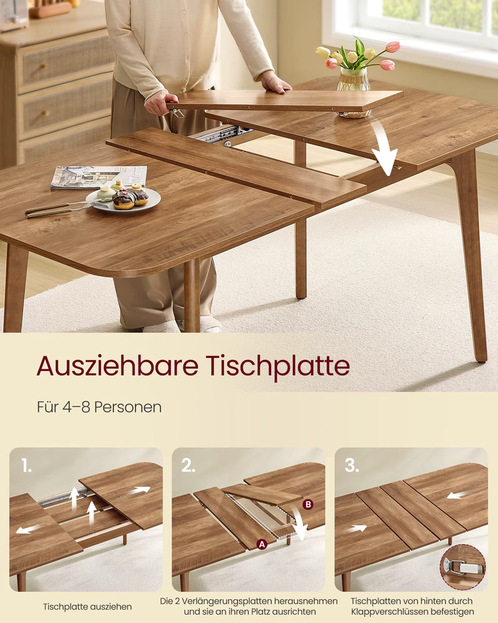 VASAGLE Esstisch mit ausziehbarer Tischplatte in Braun für Esszimmer und Home Office - Bild 3