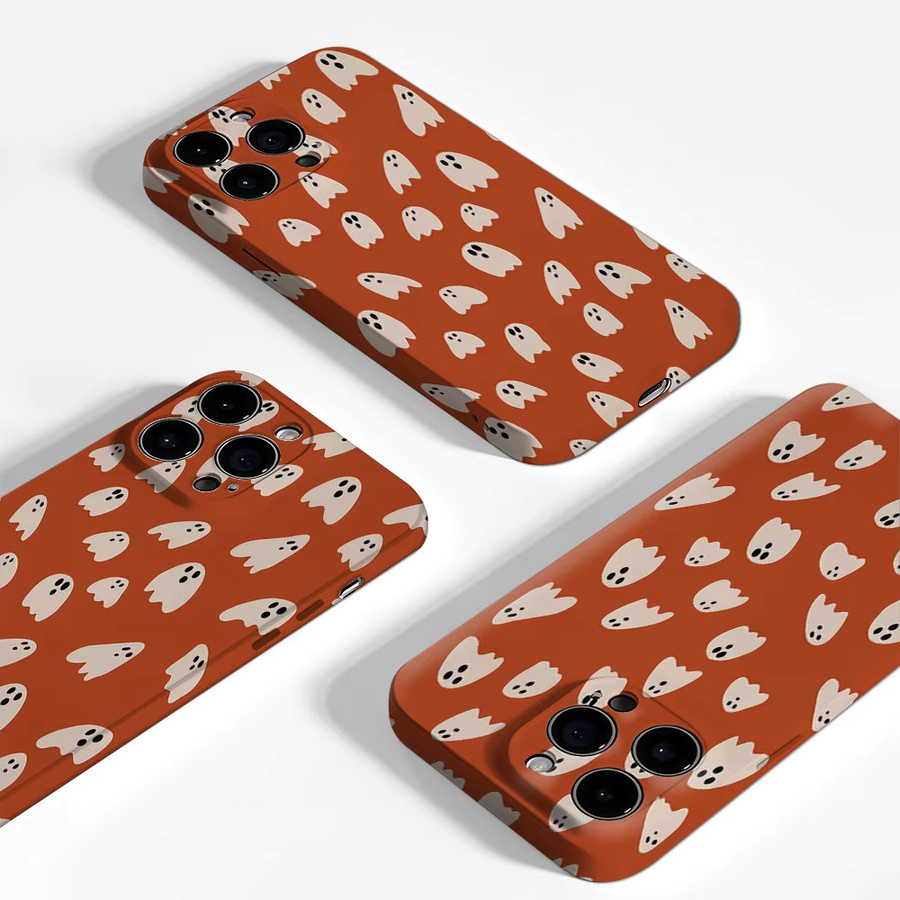 Handyhülle mit Halloween-Geistermuster für Apple iPhone 17 16 15 14 13 12 Pro Max Plus in Orange mit doppelschichtiger Rückseite - Bild 3