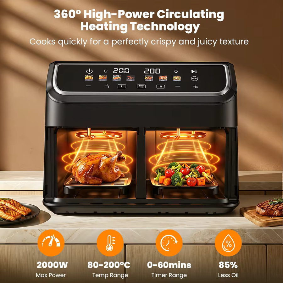 Patbrela Dual Air Fryer XXL Heißluftfritteuse mit 9L Kapazität, 2000W Doppelkorb-Fritteuse mit digitalem Touchscreen, Schwarz - Bild 4