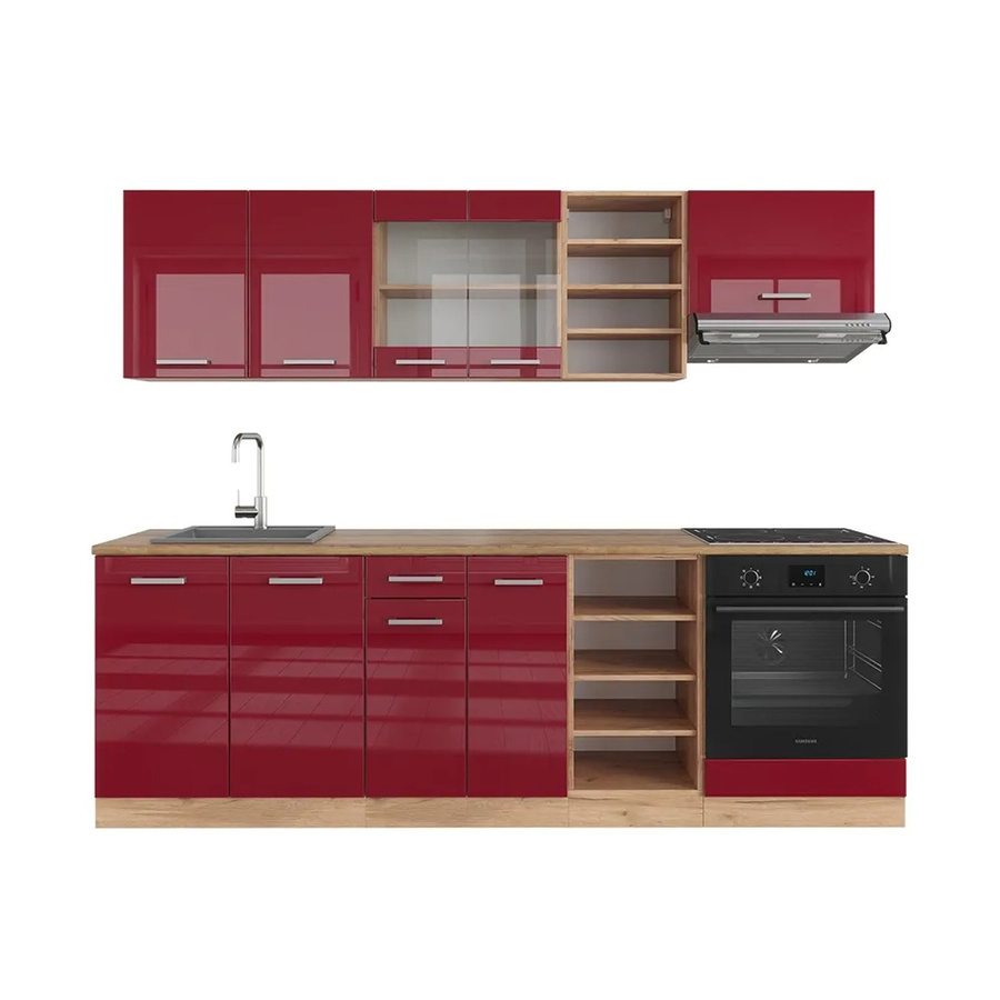 Vicco R-Line Küchenzeile Bordeaux Hochglanz und Goldkraft Eiche, Breite: 240 cm - Bild 2