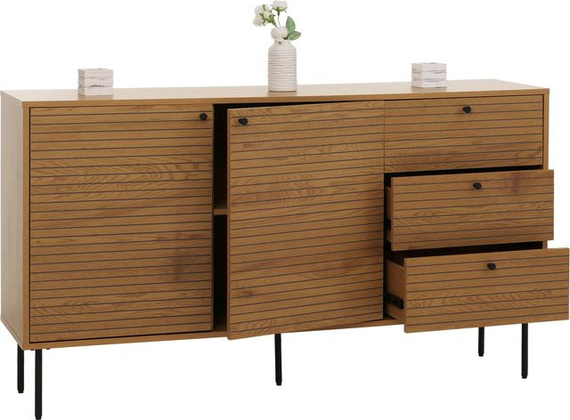 Sideboard Kommode MCW-N78 im skandinavischen Stil mit 3 Schubladen und 2 Türen, Farbe Natur, H: 85 cm, B: 150 cm, T: 40 cm - Bild 1