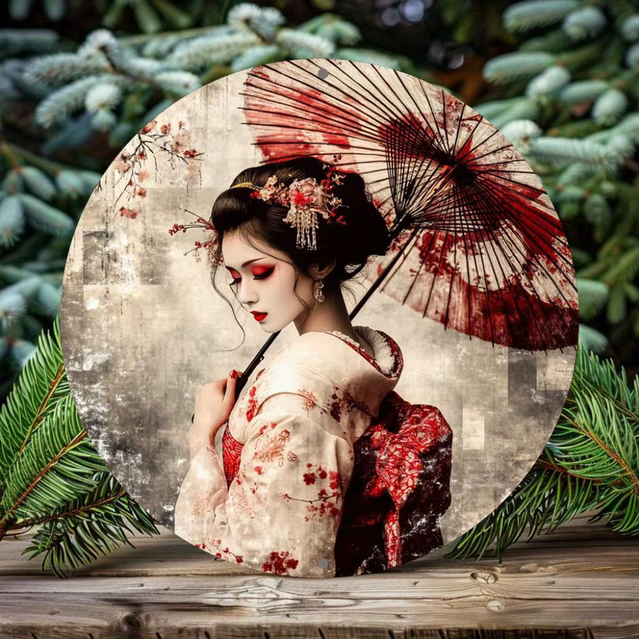 HELLOYOUNG Japanische Geisha Metall-Wandkunst mit Blumenregenschirm, Runde Eisen-Dekoration in Multicolour, Durchmesser: 20,32 cm - Bild 2