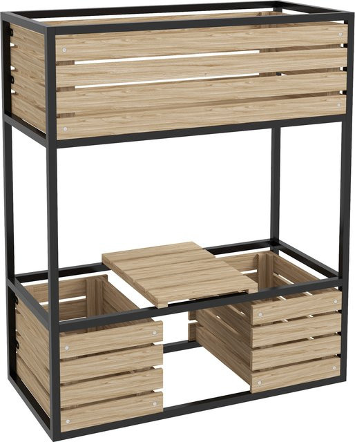 Outsunny Hochbeet aus Holz in Hellbraun mit 2-stufigem Blumenkasten, Ablage und Innenvlies, B/T/H: 83 x 39 x 100 cm - Bild 1